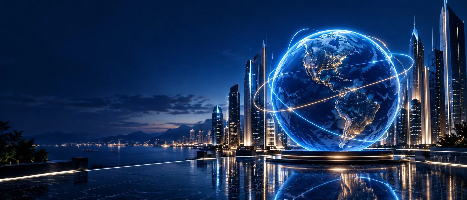 Globo digital luminoso con América y conexiones internacionales