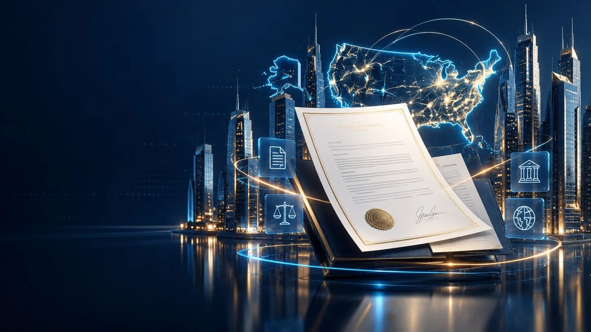 Ilustración conceptual de constitución empresarial con documentos y un mapa luminoso de Estados Unidos